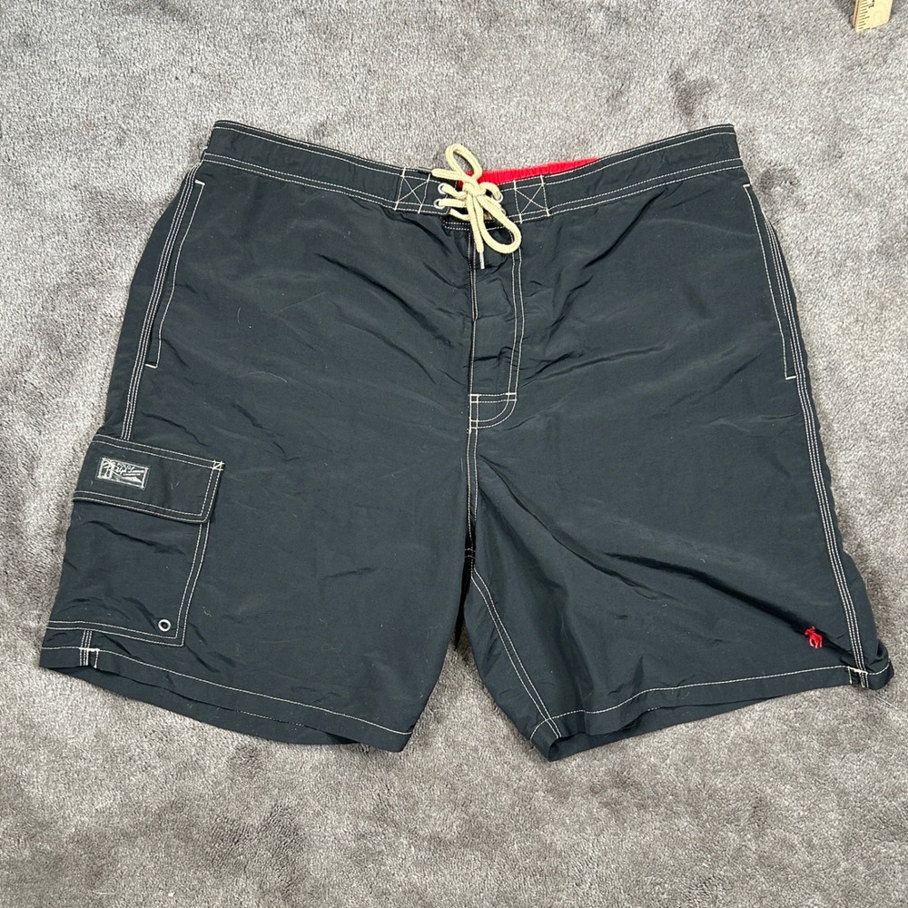 Polo Ralph Lauren Men 40 Black w Red Logo & Emblem Board Style Lined Swim Trunks